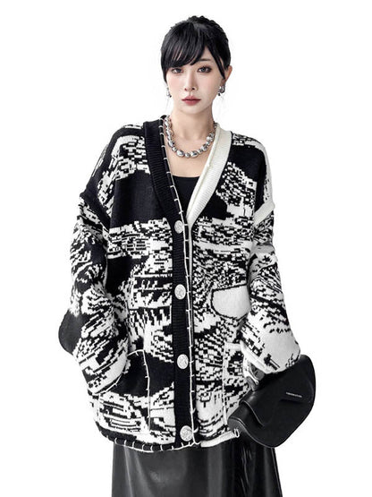 Long Sleeves Loose Abstract Printed Buttoned Contrast Color Pockets Split-Joint Collarless Cardigan Tops Outerwear