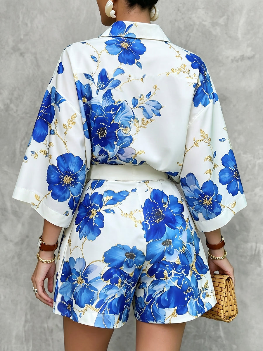 Loose Wide Leg Flower Print Pockets Shorts Bottoms