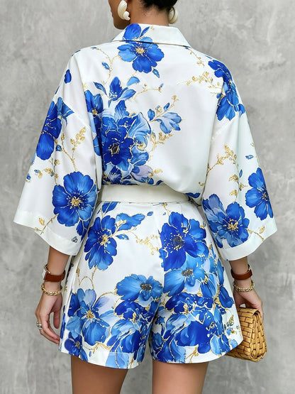Loose Wide Leg Flower Print Pockets Shorts Bottoms