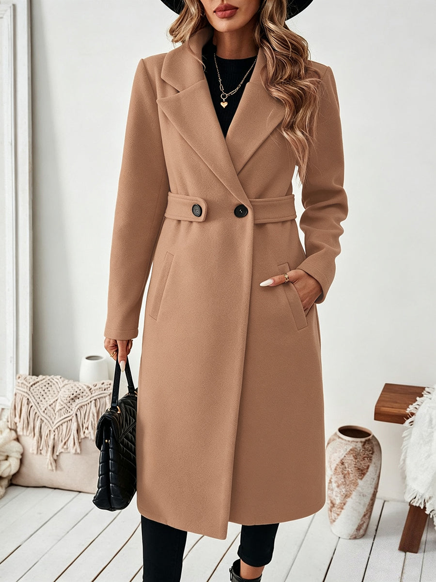 Solid Color Pockets Buttoned Loose Long Sleeves Notched Collar Woolen Coat