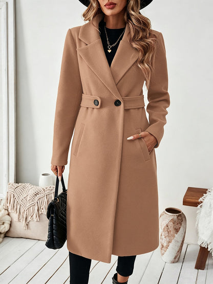 Solid Color Pockets Buttoned Loose Long Sleeves Notched Collar Woolen Coat