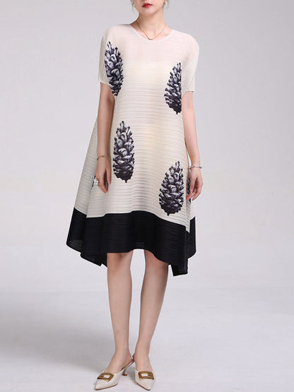 A-Line Loose Flower Print Pleated Round-Neck Midi Dresses