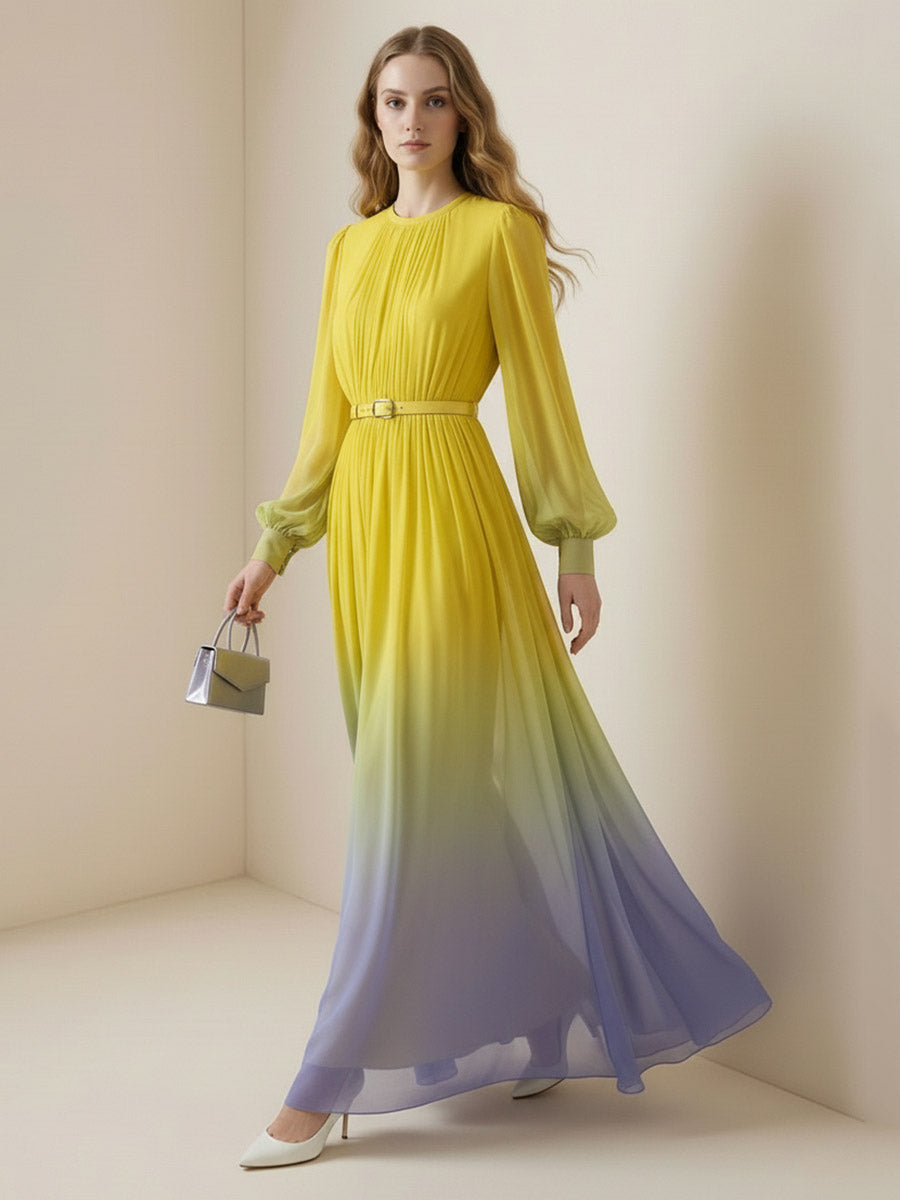 High Waisted Long Sleeves Belted Contrast Color Gradient Pleated Split-Joint Round-Neck Maxi Dresses