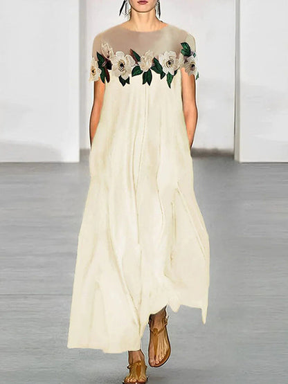 Loose Short Sleeves Flower-Embellished See-Through Split-Joint Round-neck Maxi Dresses