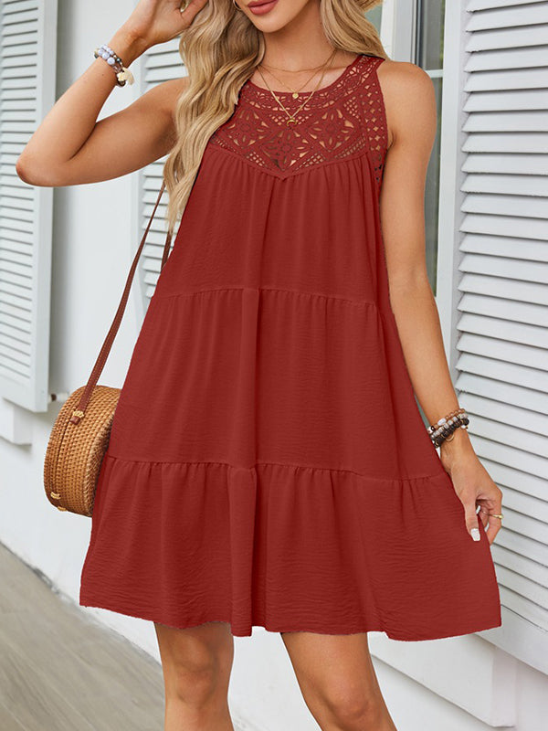 A-Linie Locker Hohl Plissee Einfarbig Split-Joint Rundhals Minikleider 