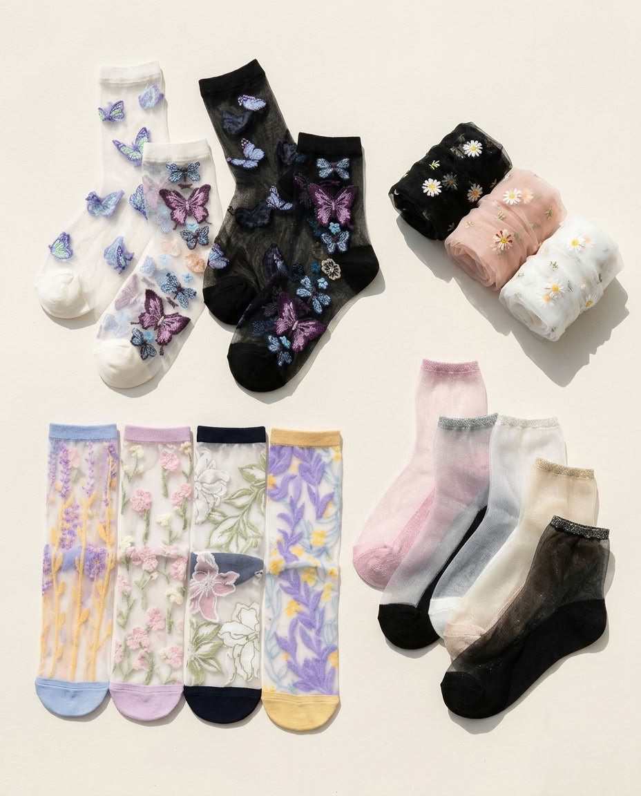 Holiday Sock Bundling: Butterfly, Glitter & Floral Sheer Crew Socks