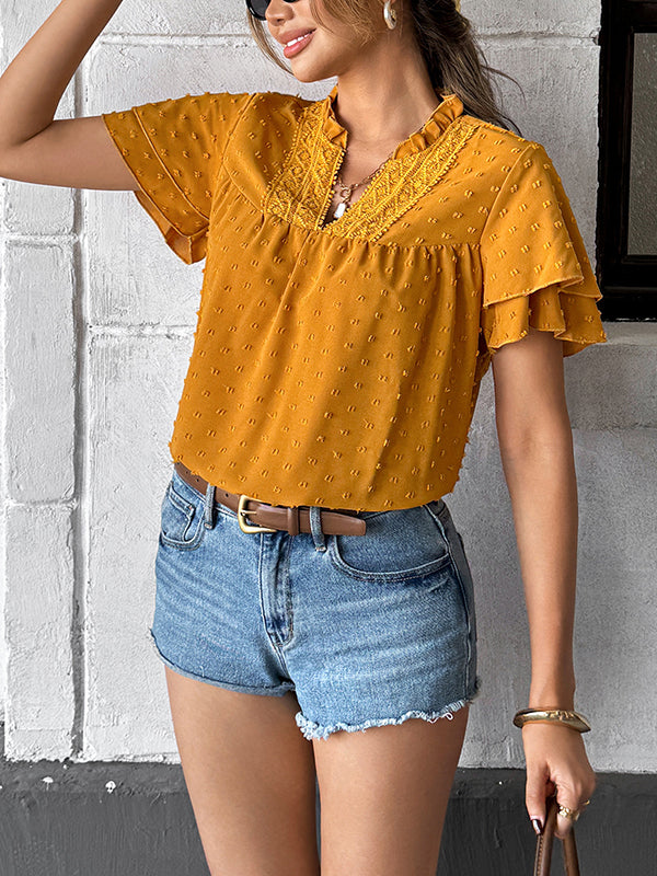 Loose Ruffle Sleeves Jacquard Pleated Solid Color V-Neck Blouses&Shirts Tops