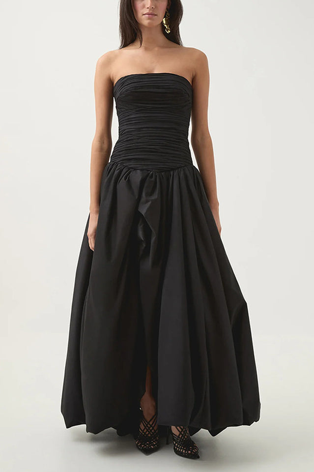 Strapless Ruched Puff Maxi Dress