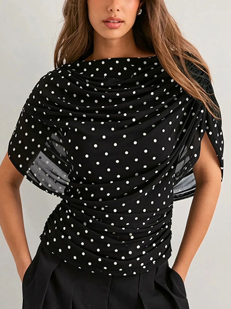 See-Through Ruched Polka-Dot Contrast Color Sleeveless Skinny Heaps Collar Blouses&shirts Tops