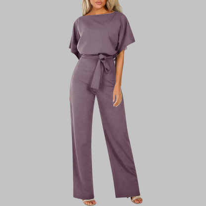 Sunny | Women's Belted Wide Leg Jumpsuit Batwing Sleeve Crewneck