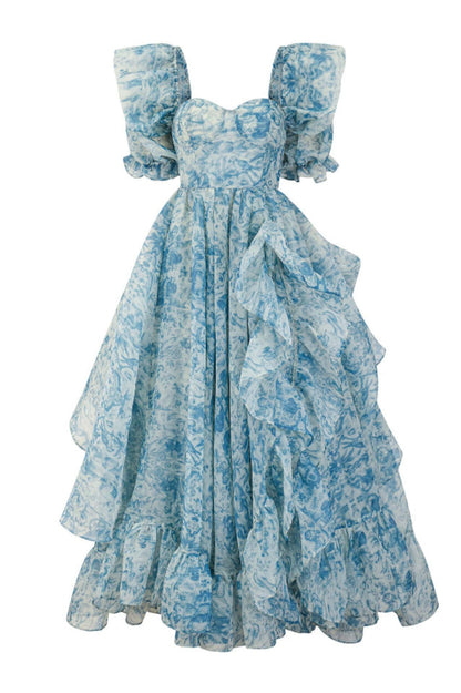 Puff Sleeve Floral Organza Layered Split Dress Blue