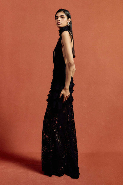 Dario Flower Plunge Lace Maxi Dress