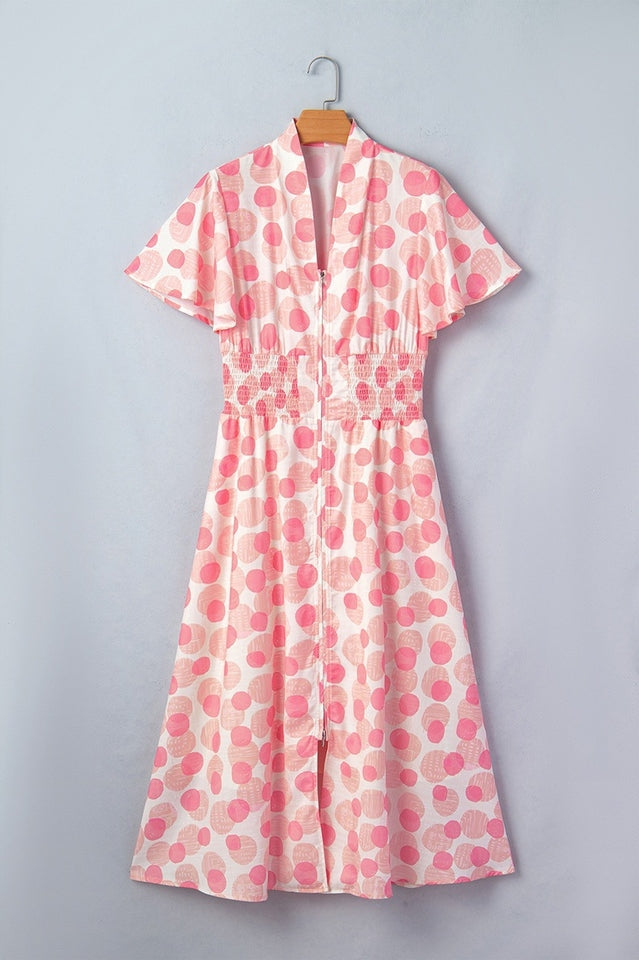 Pink Polka Dot Smocked Waist Midi Dress