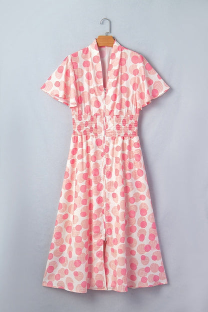 Pink Polka Dot Smocked Waist Midi Dress