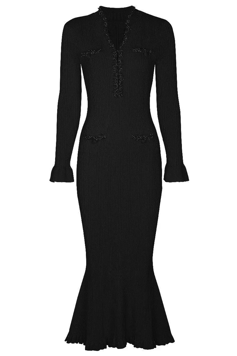 GRISELLE Knit Long Sleeve Crystals Maxi Bodycon Dress