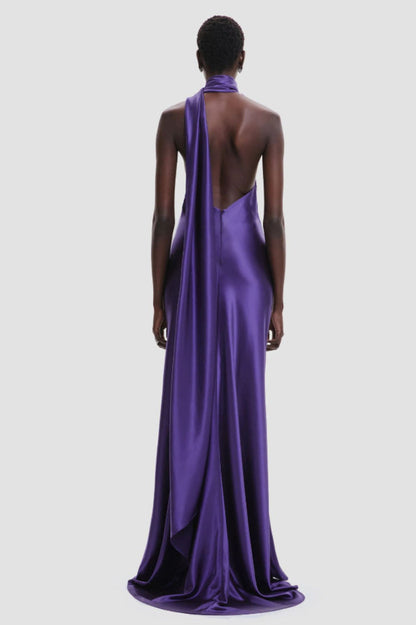 Verna Halter Floral Maxi Satin Dress