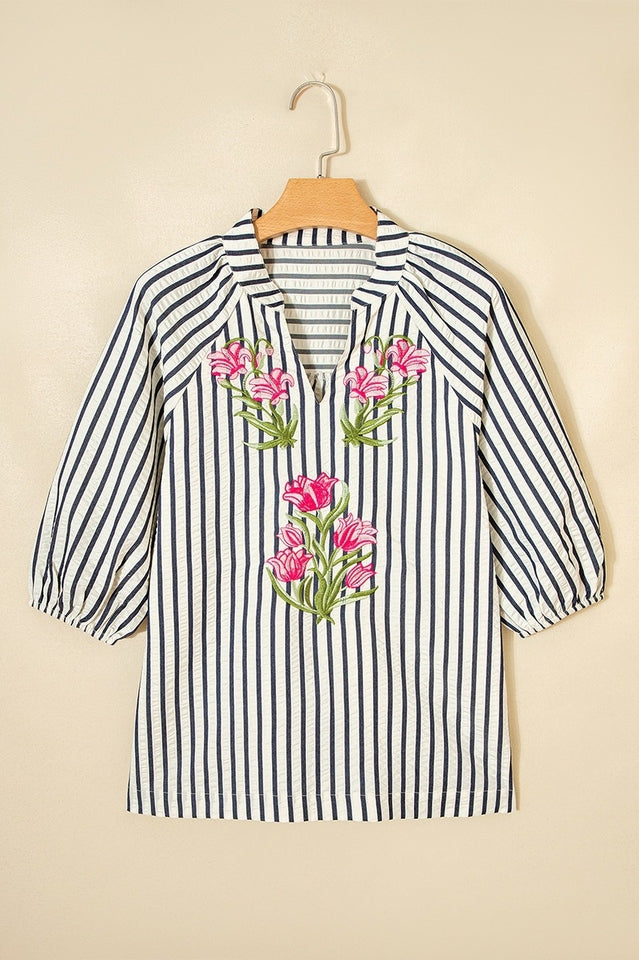 Stripe Floral Embroidered Blouse