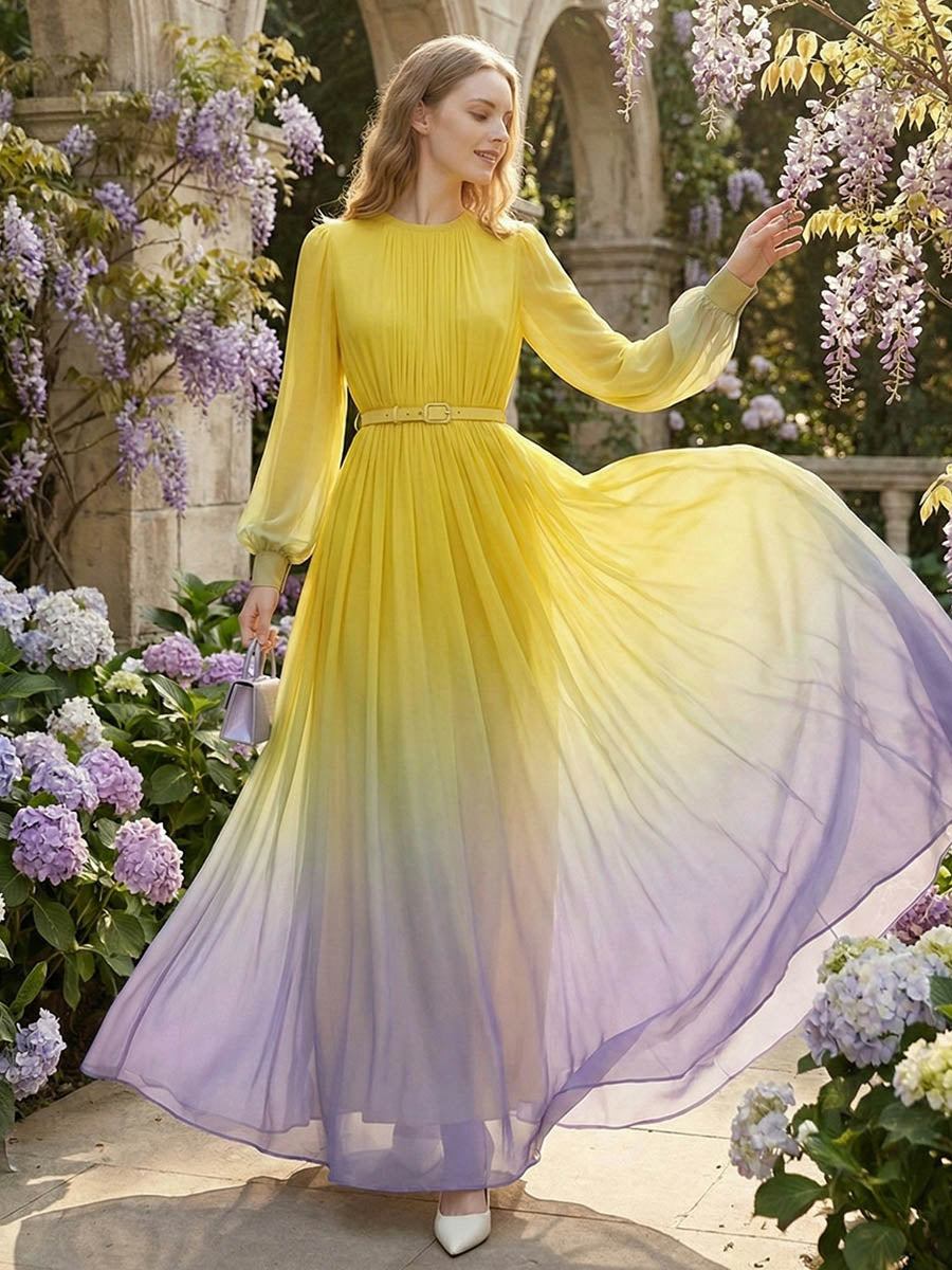 High Waisted Long Sleeves Belted Contrast Color Gradient Pleated Split-Joint Round-Neck Maxi Dresses