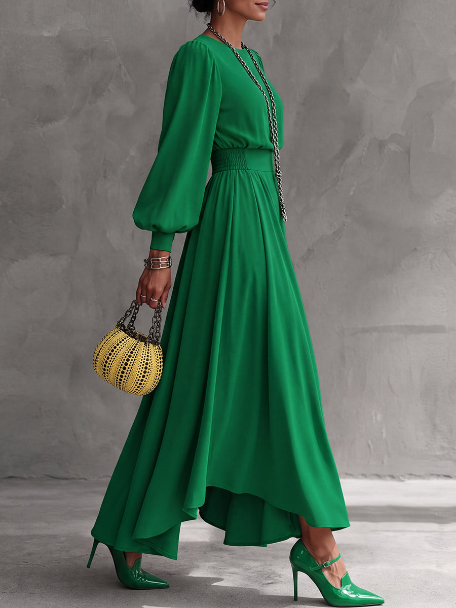 Solid Color Pockets Pleated Elasticity Long Sleeves High Waisted Boat Neck Maxi Dresses