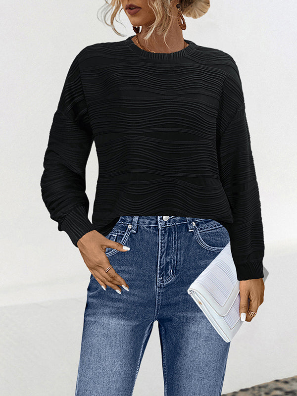 Long Sleeves Loose Solid Color Round-Neck T-Shirts