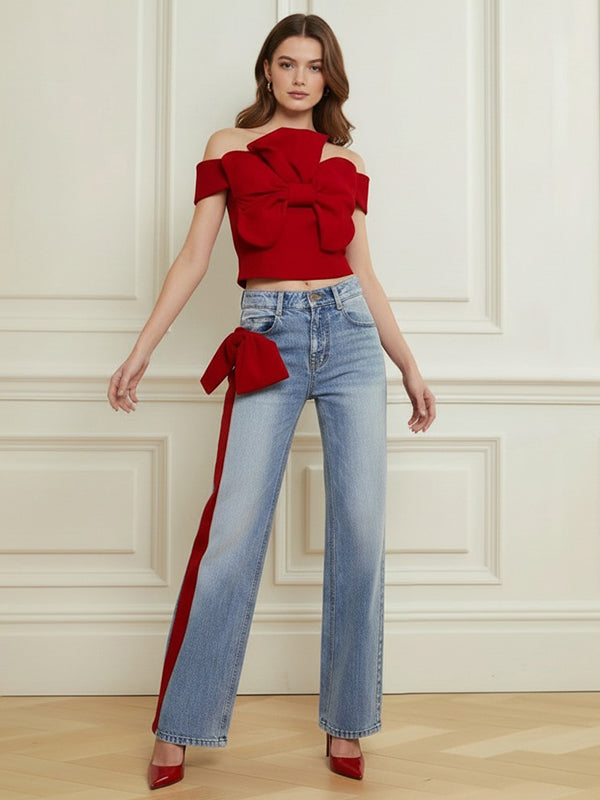 Wide Leg Bow-Embellished Contrast Color Jean Pants Bottoms