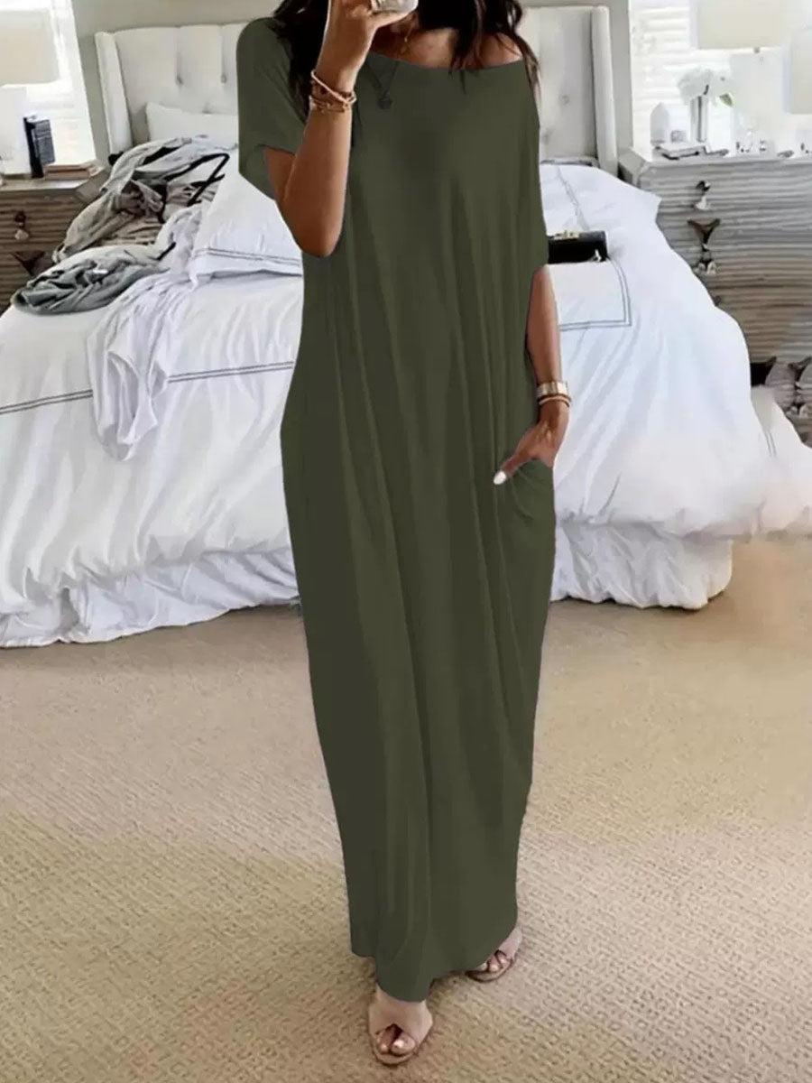 Solid Color Pockets Short Sleeves Plus Size One-shoulder Maxi Dresses