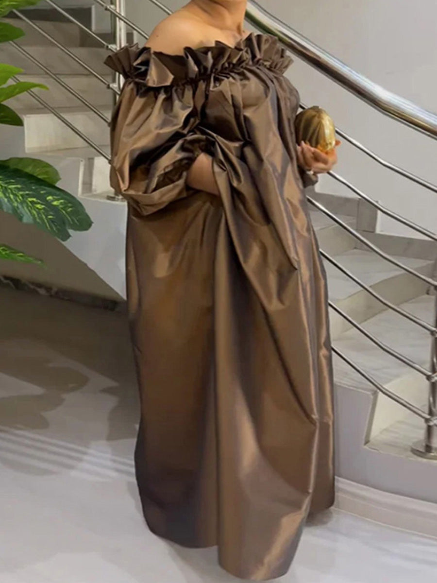 Loose Plus Size Falbala Pleated Solid Color Off-The-Shoulder Maxi Dresses