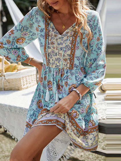 A-Line Loose Buttoned Contrast Color Flower Print Pleated V-Neck Mini Dresses