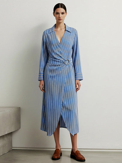Long Sleeves Buckle Striped Deep V-Neck Midi Dresses Shirt Dress
