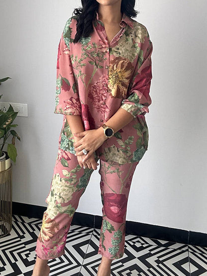 Long Sleeves Buttoned Flower Print Lapel Shirts Top + Ninth Pants Pants Bottom Two Pieces Set