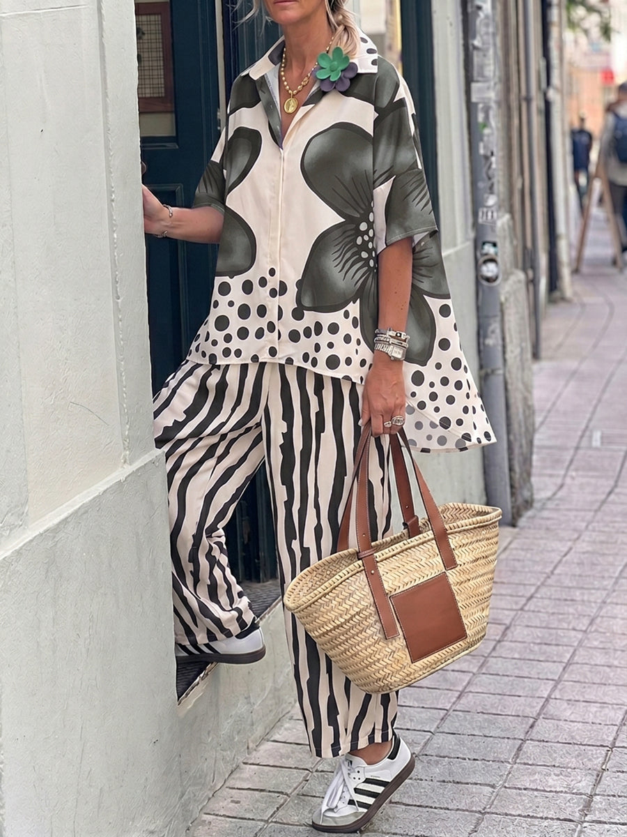 Half Sleeves Buttoned Flower Print Polka-Dot Lapel Blouses&Shirts Tops + High Waisted Pants Trousers Two Pieces Set