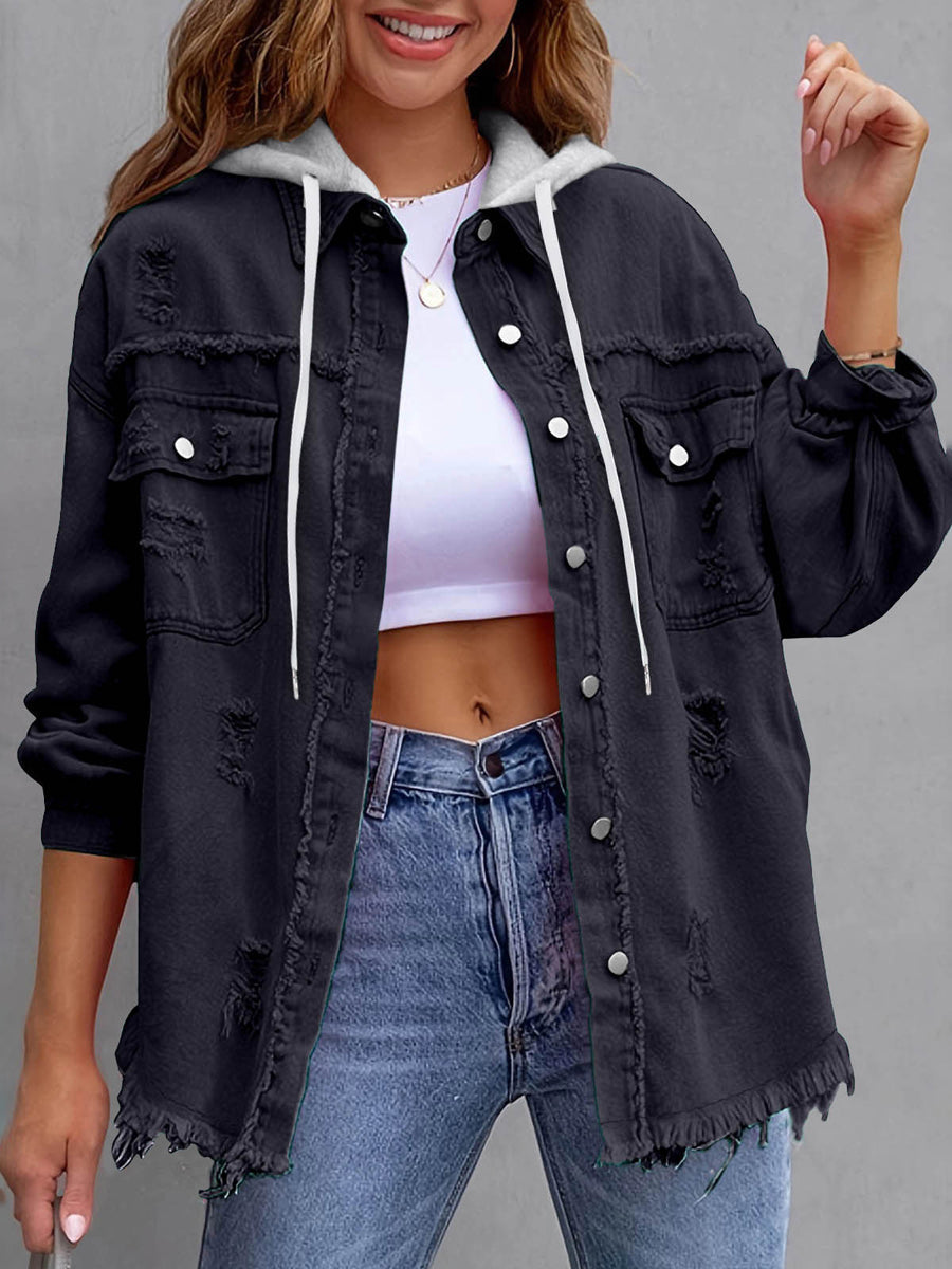 Split-Joint Pockets Fringed Buttoned Loose Long Sleeves Hooded Outerwear