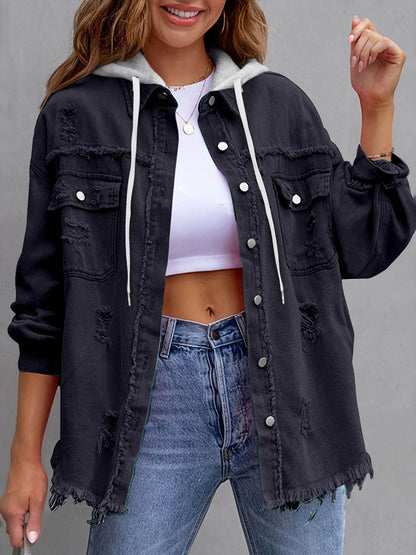 Split-Joint Pockets Fringed Buttoned Loose Long Sleeves Hooded Outerwear