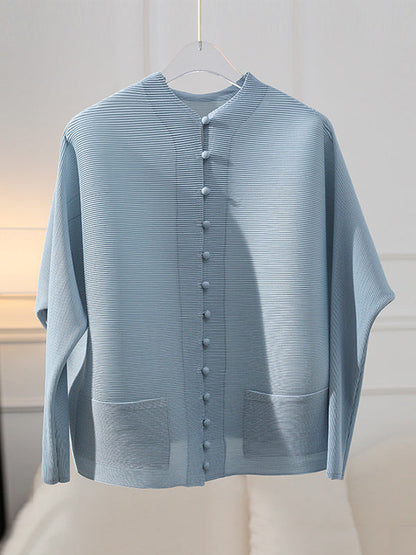 Manteau ample à manches longues, poches plissées boutonnées, couleur unie, col rond 