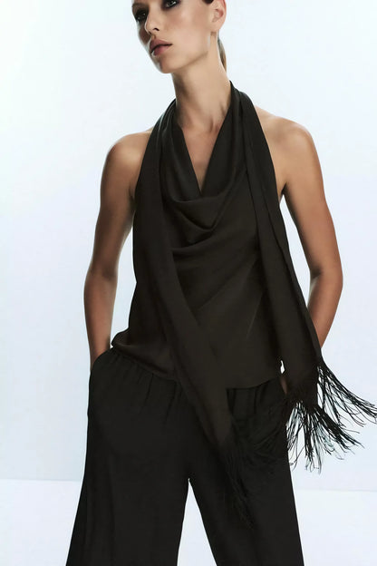 Women Satin Pleated Top | Sleeveless | Summer | V Neck | Halter Neck