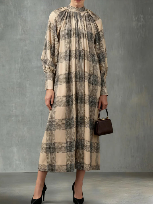 Long Sleeves Loose Contrast Color Plaid Pleated Zipper Mock Neck Maxi Dresses