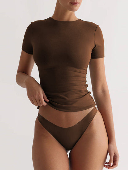 Short Sleeves Skinny Solid Color Split-Joint Round-Neck T-Shirts Tops