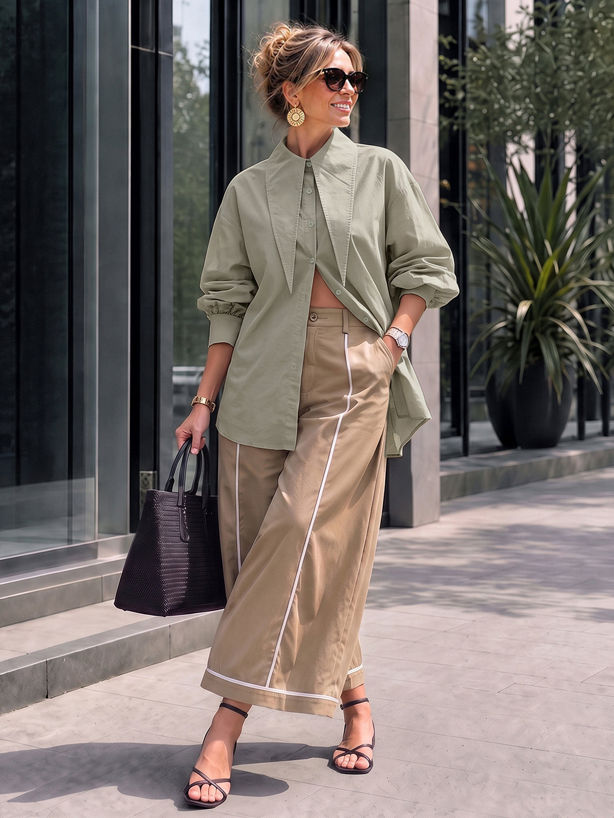 Zipper Split-Joint Pockets Elasticity Contrast Color Buttoned Wide Leg High Waisted Pants Cropped Trousers