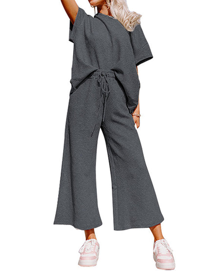 Loose Short Sleeves Solid Color Round-Neck T-Shirt Top + Drawstring Elasticity Pockets Pants Botttom Two Pieces Set