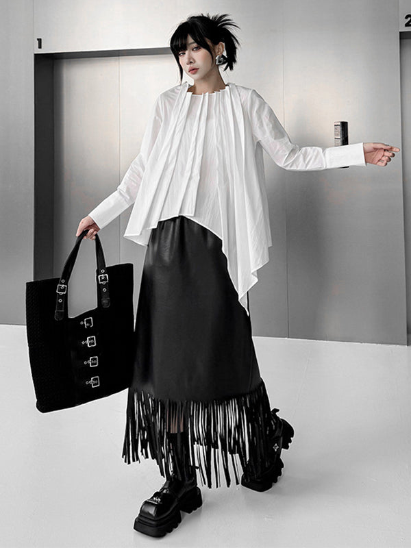 Hipster Irregularity Asymmetric Pleated Solid Color Round-Neck Blouses&Shirts Tops