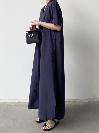 Robes longues amples à manches courtes et col en V de couleur unie 