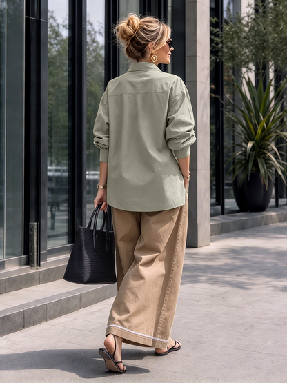 Zipper Split-Joint Pockets Elasticity Contrast Color Buttoned Wide Leg High Waisted Pants Cropped Trousers