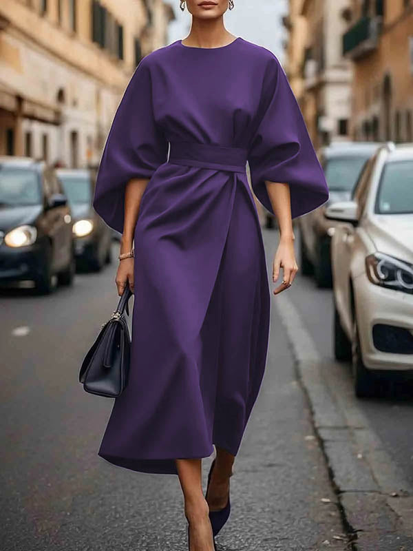 Loose Puff Sleeves Pleated Solid Color Split-Joint Round-Neck Midi Dresses PURPLE