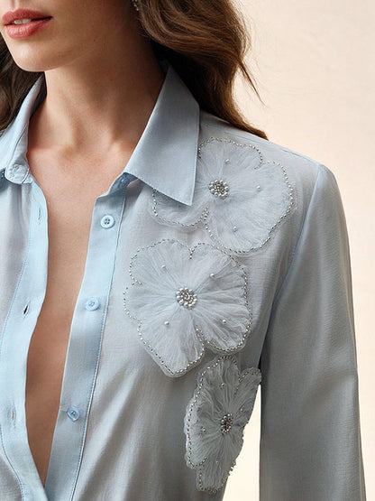 Long Sleeves Applique Split-Joint Lapel Blouses&Shirts Tops