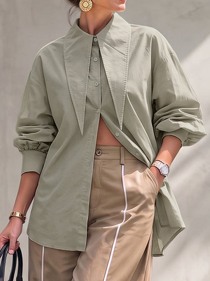 Split-Joint Solid Color Buttoned Puff Sleeves Loose Stand Collar Blouses&shirts Tops
