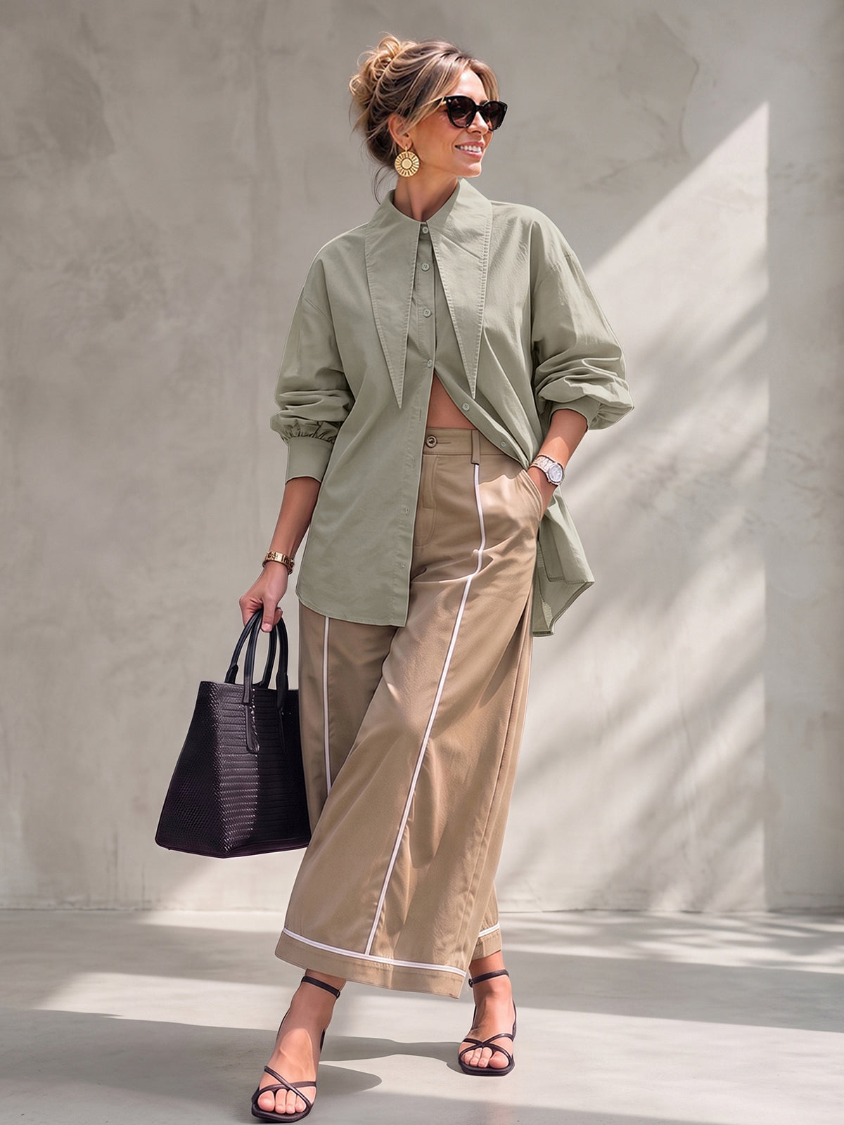 Zipper Split-Joint Pockets Elasticity Contrast Color Buttoned Wide Leg High Waisted Pants Cropped Trousers