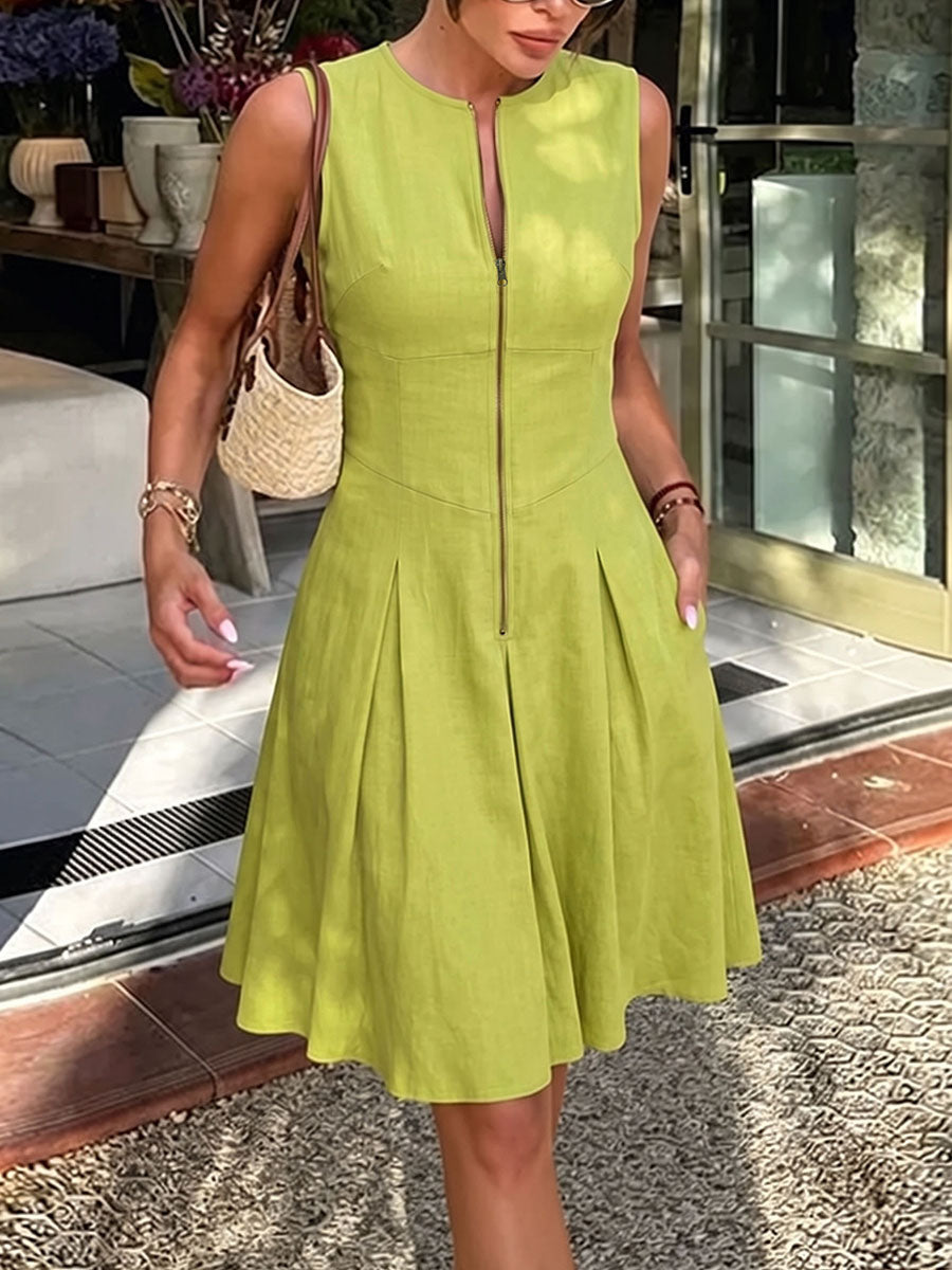 Zipper Solid Color Pockets Pleated Sleeveless A-Line Round-Neck Mini Dresses