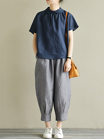 Künstlerische Retro-Blusen und Hemden mit kurzen Ärmeln, locker, plissiert, einfarbig 