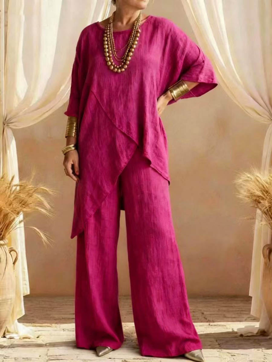 Loose Plus Size Asymmetric Solid Color Round-Neck Blouses&Shirts Tops + Pants Two Pieces Set