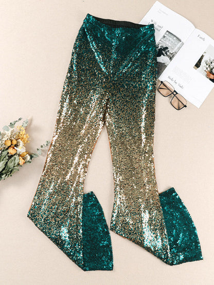 Pantalon évasé à jambe skinny, dégradé de couleurs contrastées, paillettes brillantes 